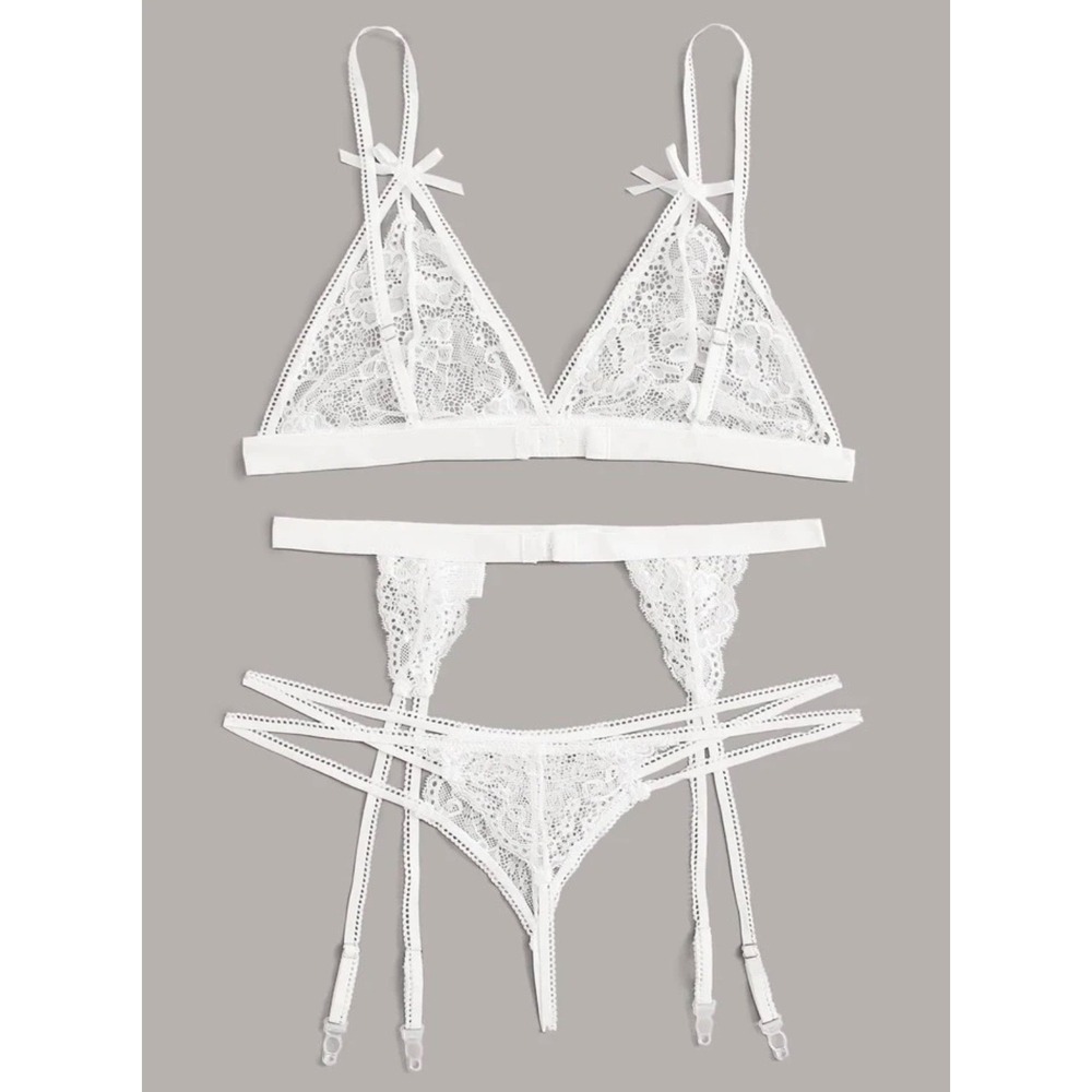 Avidlove White Floral Lace 3 Piece Lingerie Set Bralette Garter‎ Belt Large